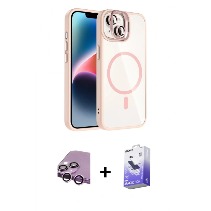 MARSİLYAN™- iPhone 14 Kılıf Yadigar Asil Koleksiyonu - Siyah Bilvis 5in1 5D Magic Hayalet Cam Ekran Koruyucu + Raze Metal Kamera Lens - MR