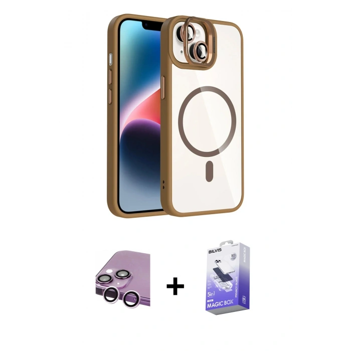MARSİLYAN™- iPhone 14 Kılıf Yadigar Asil Koleksiyonu - Siyah Bilvis 5in1 5D Magic Hayalet Cam Ekran Koruyucu + Raze Metal Kamera Lens - MR