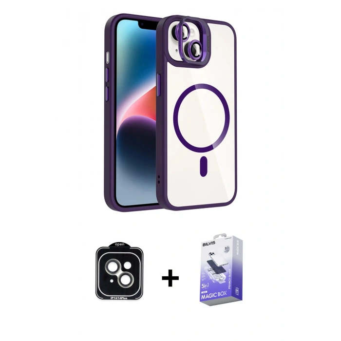 MARSİLYAN™- iPhone 14 Kılıf Yadigar Asil Koleksiyonu - Siyah Bilvis 5in1 5D Magic Hayalet Cam Ekran Koruyucu + PVD Metal Kamera Lens - YL