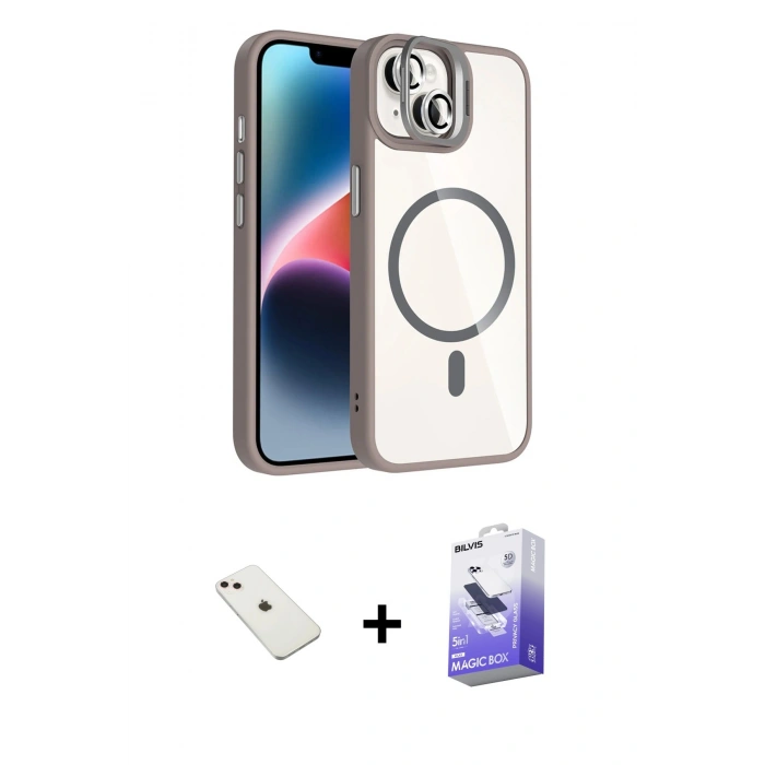 MARSİLYAN™- iPhone 14 Kılıf Yadigar Asil Koleksiyonu - Siyah Bilvis 5in1 5D Magic Hayalet Cam Ekran Koruyucu + Diamond Kamera Lens - PE