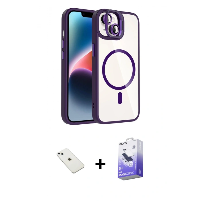 MARSİLYAN™- iPhone 14 Kılıf Yadigar Asil Koleksiyonu - Siyah Bilvis 5in1 5D Magic Hayalet Cam Ekran Koruyucu + Diamond Kamera Lens - SABE