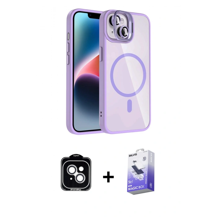 MARSİLYAN™- iPhone 14 Kılıf Yadigar Asil Koleksiyonu - Siyah Bilvis 5in1 5D Magic Hayalet Cam Ekran Koruyucu + PVD Metal Kamera Lens - GS