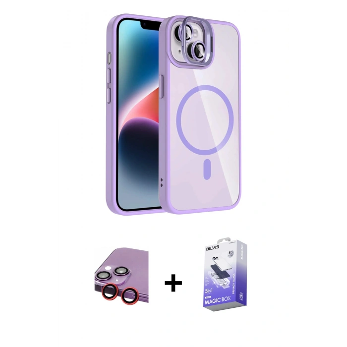 MARSİLYAN™- iPhone 14 Kılıf Yadigar Asil Koleksiyonu - Siyah Bilvis 5in1 5D Magic Hayalet Cam Ekran Koruyucu + Raze Metal Kamera Lens - KI