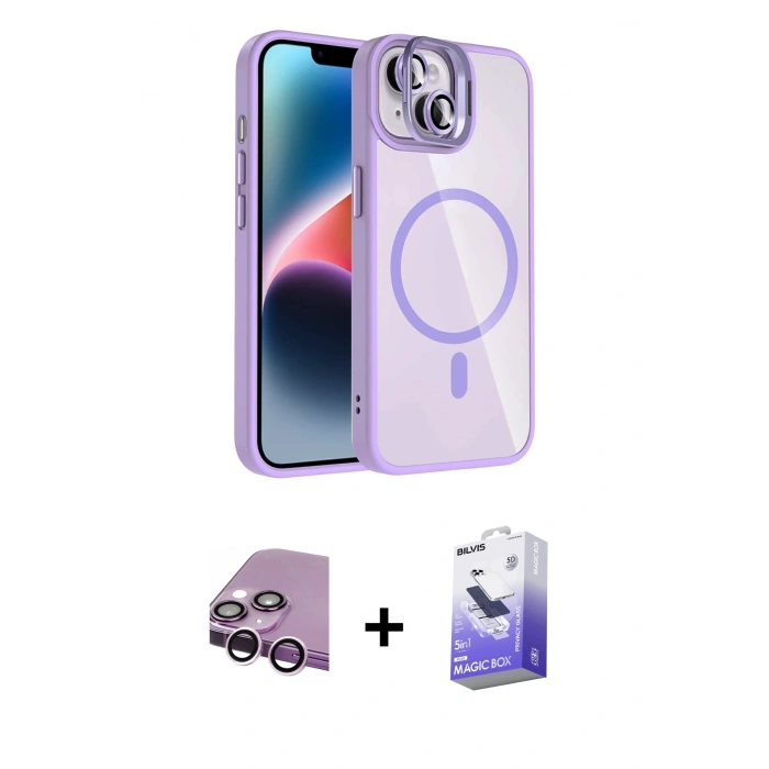 MARSİLYAN™- iPhone 14 Kılıf Yadigar Asil Koleksiyonu - Siyah Bilvis 5in1 5D Magic Hayalet Cam Ekran Koruyucu + Raze Metal Kamera Lens - MR
