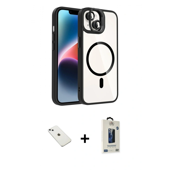 MARSİLYAN™- iPhone 14 Kılıf Yadigar Asil Koleksiyonu - Siyah Bilvis Hayalet Cam Ekran Koruyucu + Diamond Kamera Lens - SABE