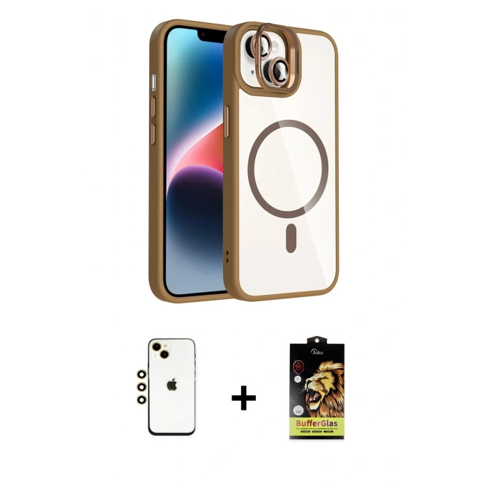 MARSİLYAN™- iPhone 14 Kılıf Yadigar Asil Koleksiyonu - Siyah Buffer Cam Ekran Koruyucu + Gold Shine Kamera Lens