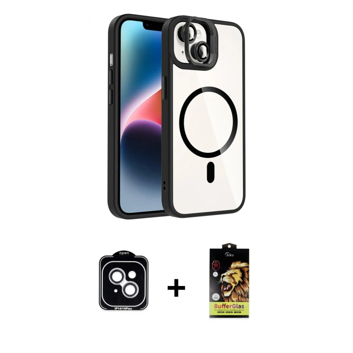 MARSİLYAN™- iPhone 14 Kılıf Yadigar Asil Koleksiyonu - Siyah Buffer Cam Ekran Koruyucu + PVD Metal Kamera Lens - GS