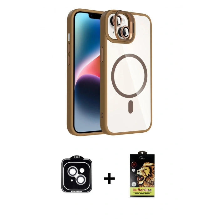 MARSİLYAN™- iPhone 14 Kılıf Yadigar Asil Koleksiyonu - Siyah Buffer Cam Ekran Koruyucu + PVD Metal Kamera Lens - GS