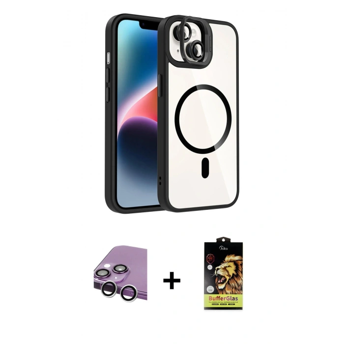 MARSİLYAN™- iPhone 14 Kılıf Yadigar Asil Koleksiyonu - Siyah Buffer Cam Ekran Koruyucu + Raze Metal Kamera Lens - GS