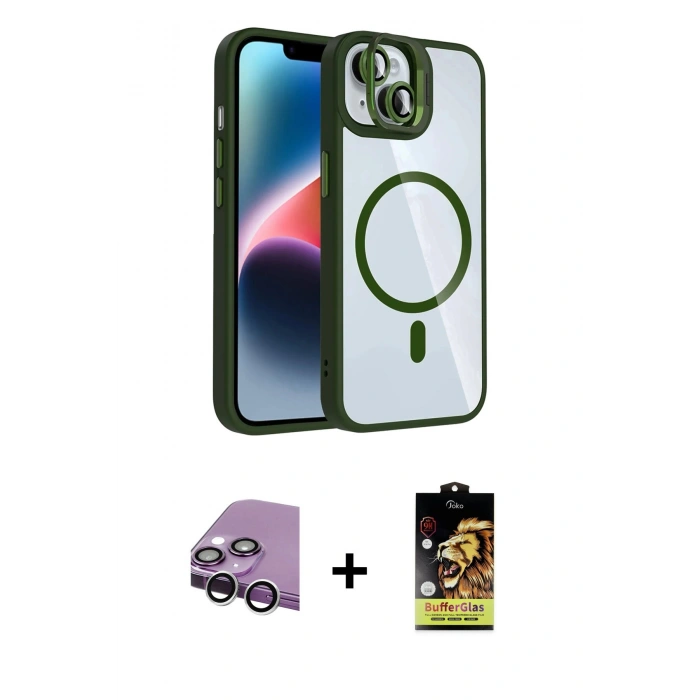 MARSİLYAN™- iPhone 14 Kılıf Yadigar Asil Koleksiyonu - Siyah Buffer Cam Ekran Koruyucu + Raze Metal Kamera Lens - GS