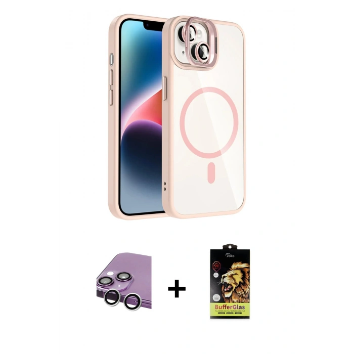 MARSİLYAN™- iPhone 14 Kılıf Yadigar Asil Koleksiyonu - Siyah Buffer Cam Ekran Koruyucu + Raze Metal Kamera Lens - GS
