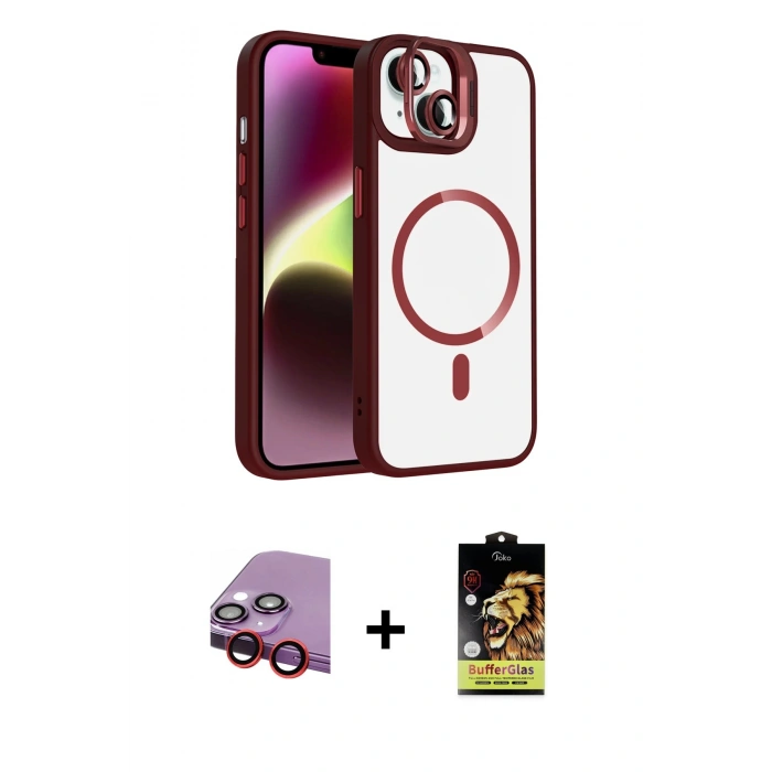 MARSİLYAN™- iPhone 14 Kılıf Yadigar Asil Koleksiyonu - Siyah Buffer Cam Ekran Koruyucu + Kırmızı Raze Metal Kamera Lens