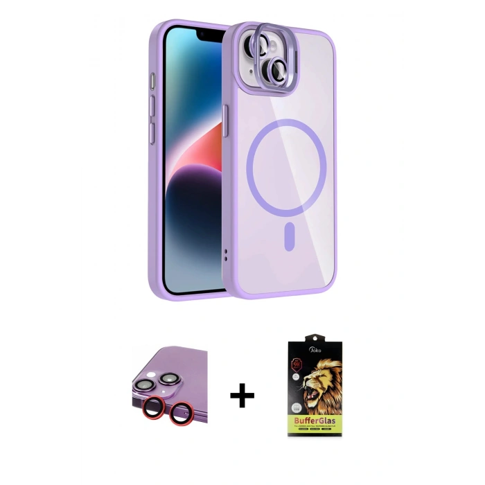 MARSİLYAN™- iPhone 14 Kılıf Yadigar Asil Koleksiyonu - Siyah Buffer Cam Ekran Koruyucu + Kırmızı Raze Metal Kamera Lens