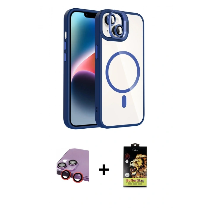 MARSİLYAN™- iPhone 14 Kılıf Yadigar Asil Koleksiyonu - Siyah Buffer Cam Ekran Koruyucu + Kırmızı Raze Metal Kamera Lens