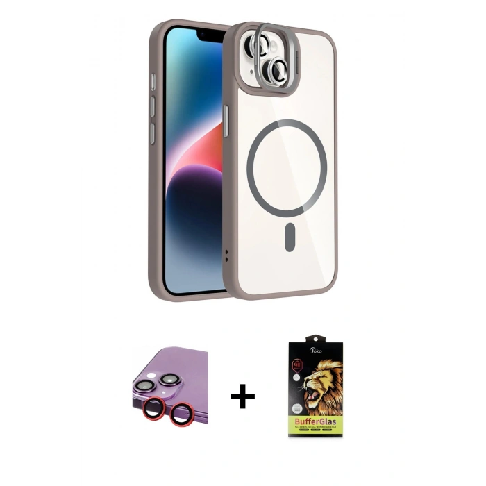 MARSİLYAN™- iPhone 14 Kılıf Yadigar Asil Koleksiyonu - Siyah Buffer Cam Ekran Koruyucu + Kırmızı Raze Metal Kamera Lens