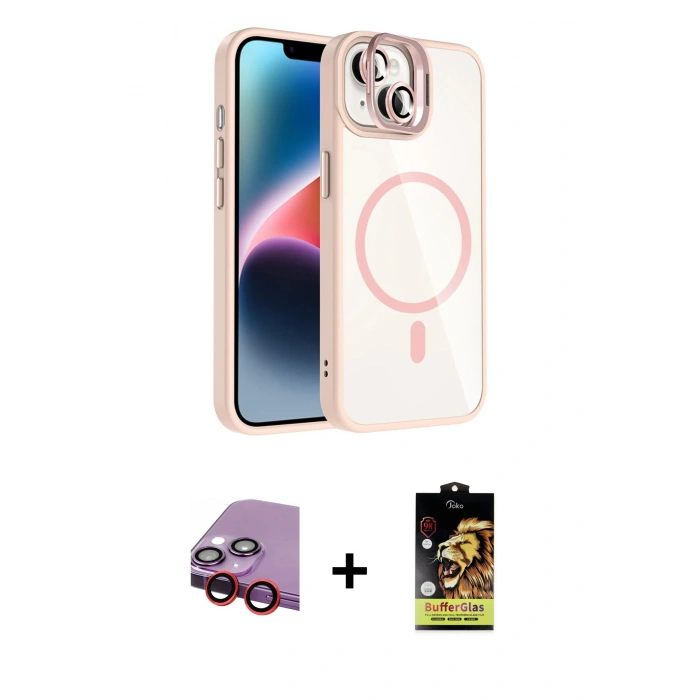MARSİLYAN™- iPhone 14 Kılıf Yadigar Asil Koleksiyonu - Siyah Buffer Cam Ekran Koruyucu + Kırmızı Raze Metal Kamera Lens