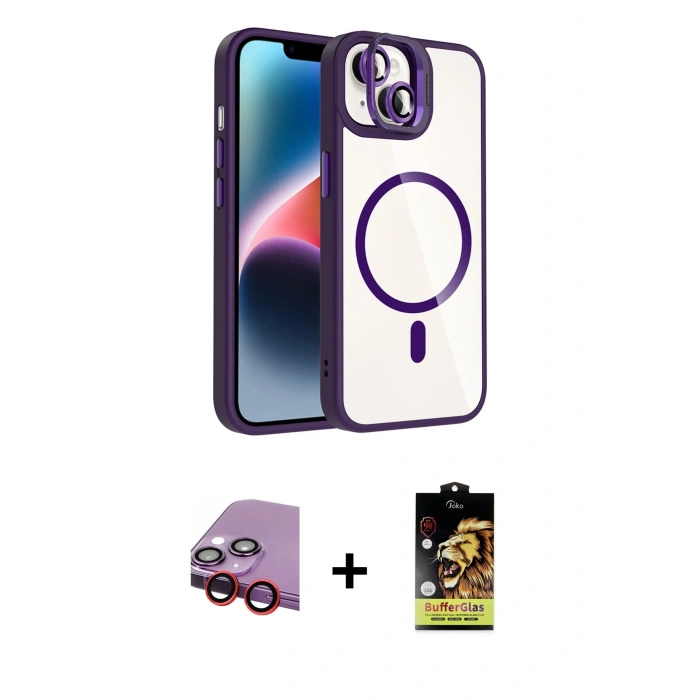 MARSİLYAN™- iPhone 14 Kılıf Yadigar Asil Koleksiyonu - Siyah Buffer Cam Ekran Koruyucu + Kırmızı Raze Metal Kamera Lens