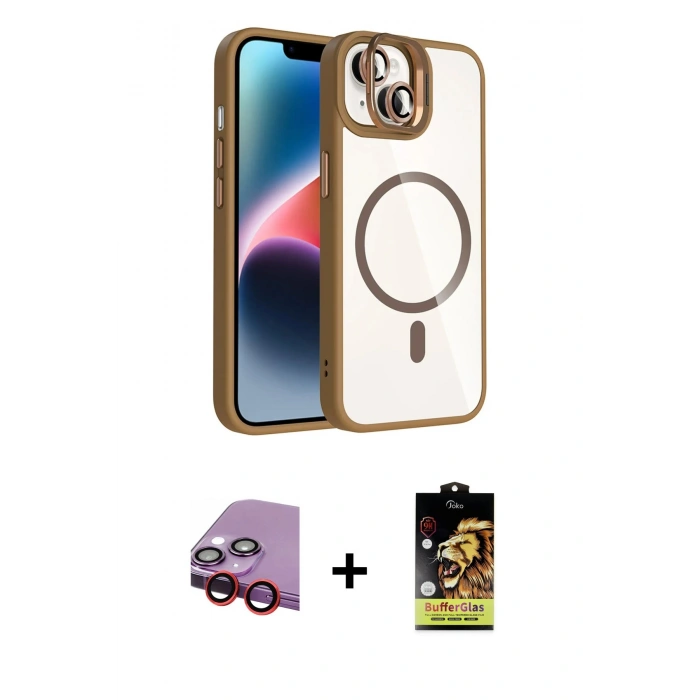 MARSİLYAN™- iPhone 14 Kılıf Yadigar Asil Koleksiyonu - Siyah Buffer Cam Ekran Koruyucu + Kırmızı Raze Metal Kamera Lens