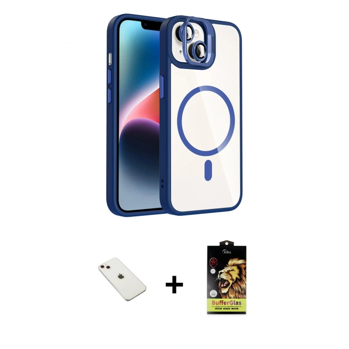 MARSİLYAN™- iPhone 14 Kılıf Yadigar Asil Koleksiyonu - Siyah Buffer Cam Ekran Koruyucu + Pembe Diamond Kamera Lens