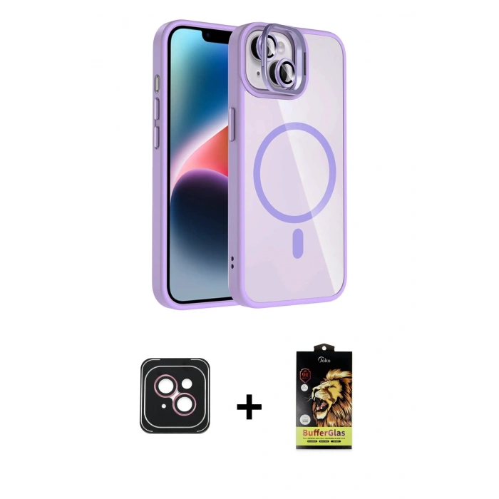 MARSİLYAN™- iPhone 14 Kılıf Yadigar Asil Koleksiyonu - Siyah Buffer Cam Ekran Koruyucu + PVD Metal Kamera Lens - PE