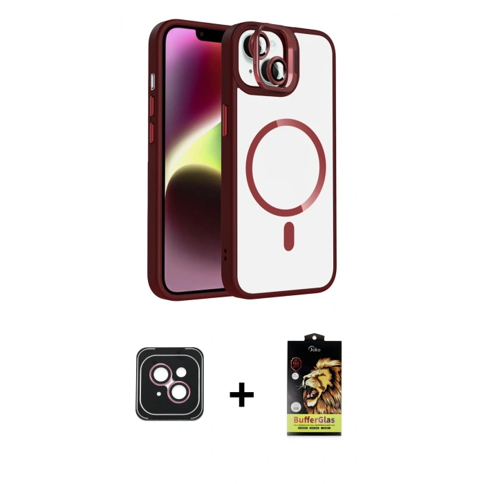 MARSİLYAN™- iPhone 14 Kılıf Yadigar Asil Koleksiyonu - Siyah Buffer Cam Ekran Koruyucu + PVD Metal Kamera Lens - PE