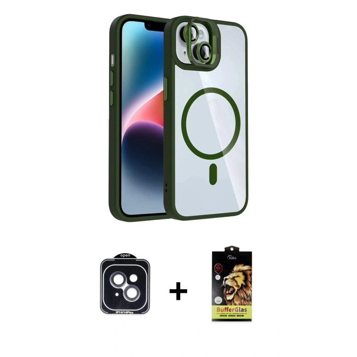 MARSİLYAN™- iPhone 14 Kılıf Yadigar Asil Koleksiyonu - Siyah Buffer Cam Ekran Koruyucu + PVD Metal Kamera Lens - SH