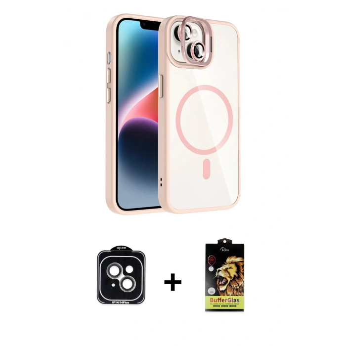 MARSİLYAN™- iPhone 14 Kılıf Yadigar Asil Koleksiyonu - Siyah Buffer Cam Ekran Koruyucu + PVD Metal Kamera Lens - YL