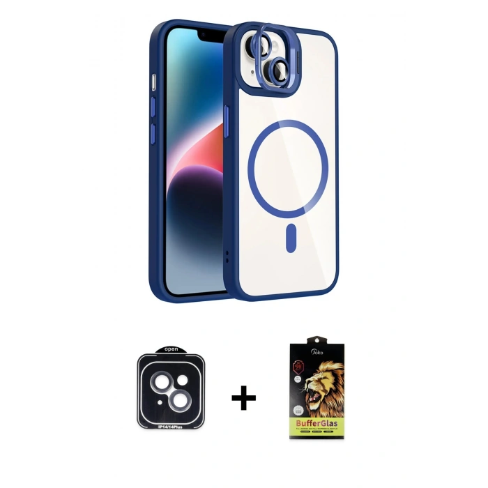 MARSİLYAN™- iPhone 14 Kılıf Yadigar Asil Koleksiyonu - Siyah Buffer Cam Ekran Koruyucu + PVD Metal Kamera Lens - SH