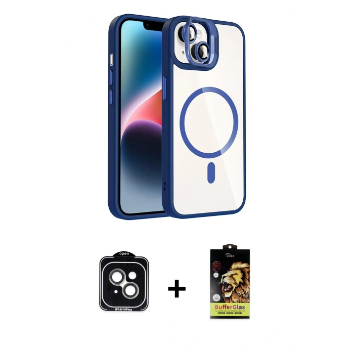 MARSİLYAN™- iPhone 14 Kılıf Yadigar Asil Koleksiyonu - Siyah Buffer Cam Ekran Koruyucu + PVD Metal Kamera Lens - YL