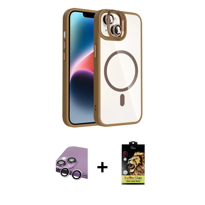 MARSİLYAN™- iPhone 14 Kılıf Yadigar Asil Koleksiyonu - Siyah Buffer Cam Ekran Koruyucu + Raze Metal Kamera Lens - GS