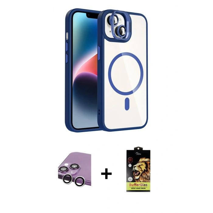 MARSİLYAN™- iPhone 14 Kılıf Yadigar Asil Koleksiyonu - Siyah Buffer Cam Ekran Koruyucu + Raze Metal Kamera Lens - GS