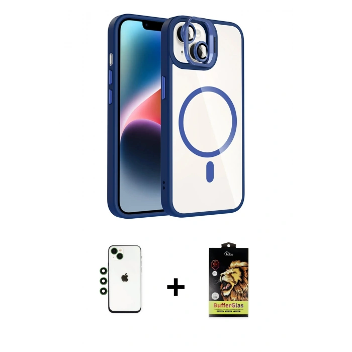 MARSİLYAN™- iPhone 14 Kılıf Yadigar Asil Koleksiyonu - Siyah Buffer Cam Ekran Koruyucu + Shine Kamera Lens - YL