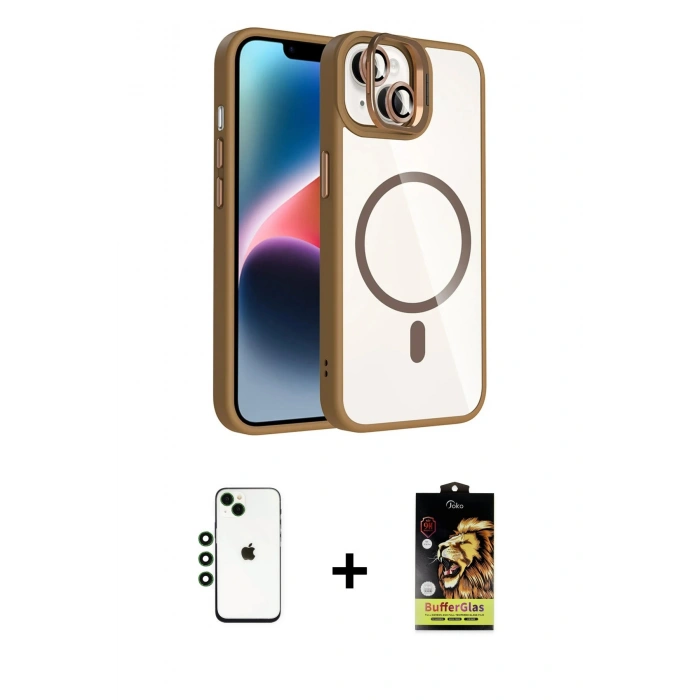 MARSİLYAN™- iPhone 14 Kılıf Yadigar Asil Koleksiyonu - Siyah Buffer Cam Ekran Koruyucu + Shine Kamera Lens - YL