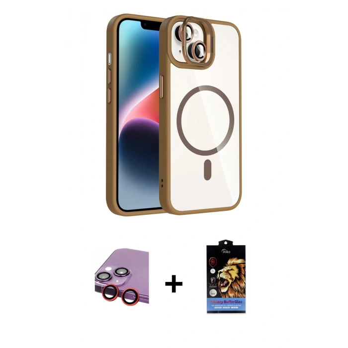 MARSİLYAN™- iPhone 14 Kılıf Yadigar Asil Koleksiyonu - Siyah Buffer Hayalet Cam Ekran Koruyucu + Kırmızı Raze Metal Kamera Lens
