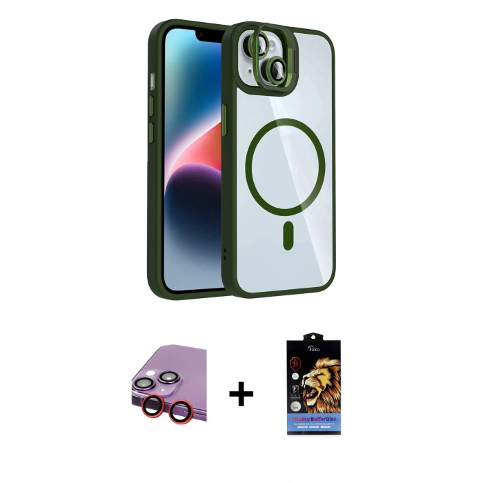 MARSİLYAN™- iPhone 14 Kılıf Yadigar Asil Koleksiyonu - Siyah Buffer Hayalet Cam Ekran Koruyucu + Kırmızı Raze Metal Kamera Lens