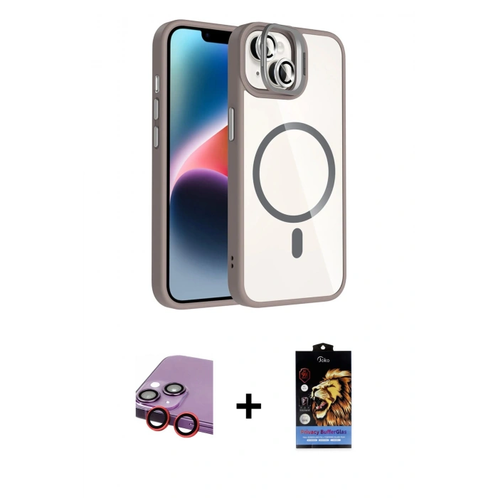 MARSİLYAN™- iPhone 14 Kılıf Yadigar Asil Koleksiyonu - Siyah Buffer Hayalet Cam Ekran Koruyucu + Kırmızı Raze Metal Kamera Lens