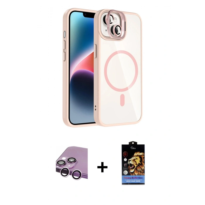 MARSİLYAN™- iPhone 14 Kılıf Yadigar Asil Koleksiyonu - Siyah Buffer Hayalet Cam Ekran Koruyucu + Mor Raze Metal Kamera Lens