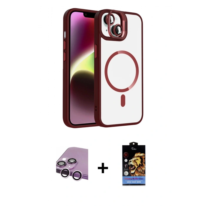 MARSİLYAN™- iPhone 14 Kılıf Yadigar Asil Koleksiyonu - Siyah Buffer Hayalet Cam Ekran Koruyucu + Mor Raze Metal Kamera Lens