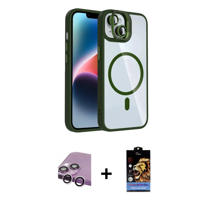 MARSİLYAN™- iPhone 14 Kılıf Yadigar Asil Koleksiyonu - Siyah Buffer Hayalet Cam Ekran Koruyucu + Mor Raze Metal Kamera Lens