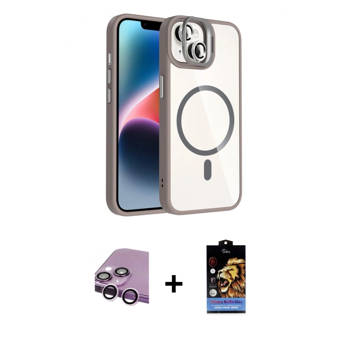 MARSİLYAN™- iPhone 14 Kılıf Yadigar Asil Koleksiyonu - Siyah Buffer Hayalet Cam Ekran Koruyucu + Mor Raze Metal Kamera Lens