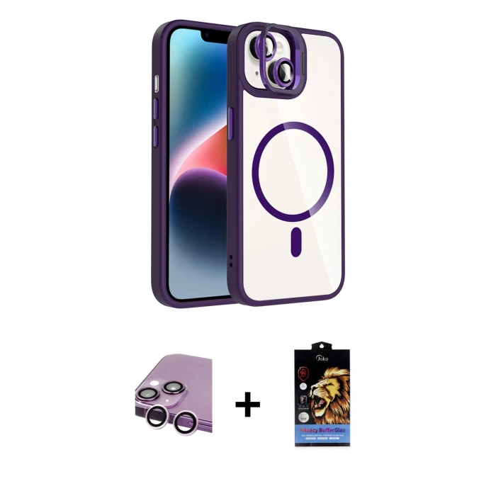 MARSİLYAN™- iPhone 14 Kılıf Yadigar Asil Koleksiyonu - Siyah Buffer Hayalet Cam Ekran Koruyucu + Mor Raze Metal Kamera Lens