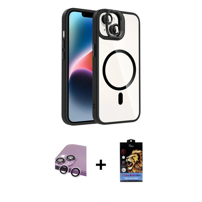 MARSİLYAN™- iPhone 14 Kılıf Yadigar Asil Koleksiyonu - Siyah Buffer Hayalet Cam Ekran Koruyucu + Mor Raze Metal Kamera Lens