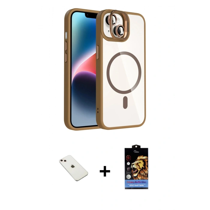 MARSİLYAN™- iPhone 14 Kılıf Yadigar Asil Koleksiyonu - Siyah Buffer Hayalet Cam Ekran Koruyucu + Pembe Diamond Kamera Lens