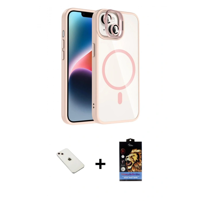 MARSİLYAN™- iPhone 14 Kılıf Yadigar Asil Koleksiyonu - Siyah Buffer Hayalet Cam Ekran Koruyucu + Pembe Diamond Kamera Lens