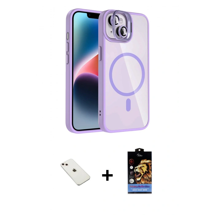 MARSİLYAN™- iPhone 14 Kılıf Yadigar Asil Koleksiyonu - Siyah Buffer Hayalet Cam Ekran Koruyucu + Pembe Diamond Kamera Lens