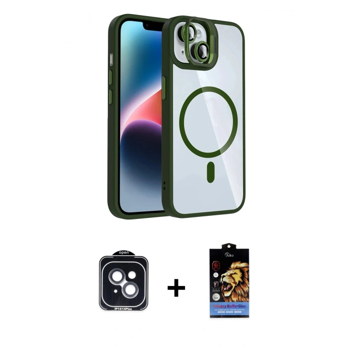 MARSİLYAN™- iPhone 14 Kılıf Yadigar Asil Koleksiyonu - Siyah Buffer Hayalet Cam Ekran Koruyucu + PVD Metal Kamera Lens - SH