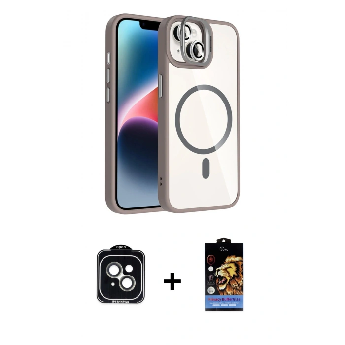 MARSİLYAN™- iPhone 14 Kılıf Yadigar Asil Koleksiyonu - Siyah Buffer Hayalet Cam Ekran Koruyucu + Yeşil PVD Metal Kamera Lens