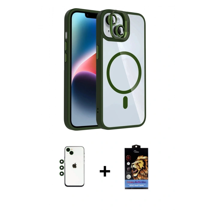 MARSİLYAN™- iPhone 14 Kılıf Yadigar Asil Koleksiyonu - Siyah Buffer Hayalet Cam Ekran Koruyucu + Yeşil Shine Kamera Lens