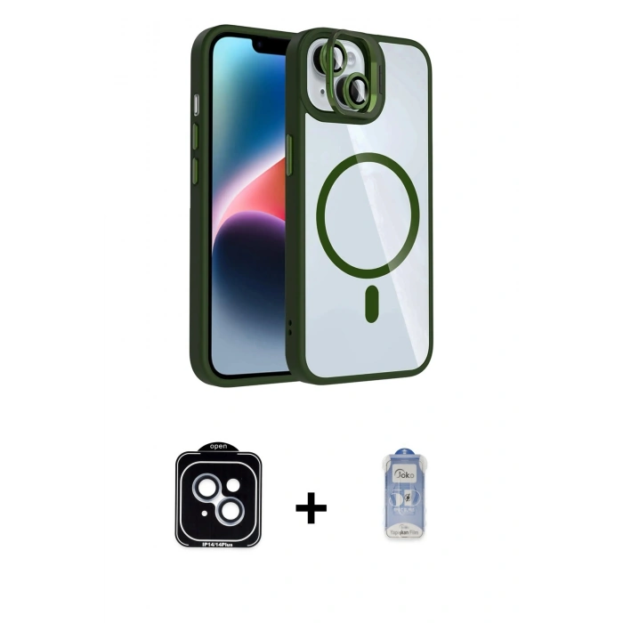 MARSİLYAN™- iPhone 14 Kılıf Yadigar Asil Koleksiyonu - Siyah Joko Magic 5D Cam + Mavi PVD Metal Kamera Lens
