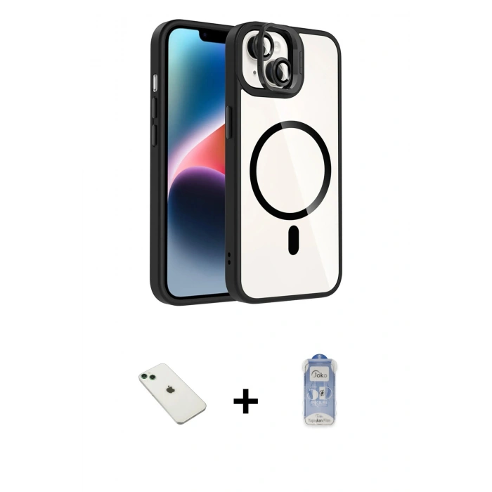 MARSİLYAN™- iPhone 14 Kılıf Yadigar Asil Koleksiyonu - Siyah Joko Magic 5D Cam + Yeşil Diamond Kamera Lens